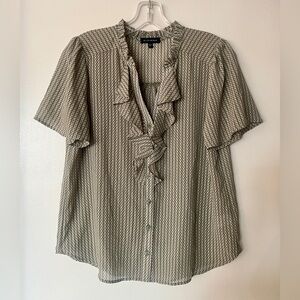 Pleione Green and White Ruffled Blouse with Mandarin Collar size XS